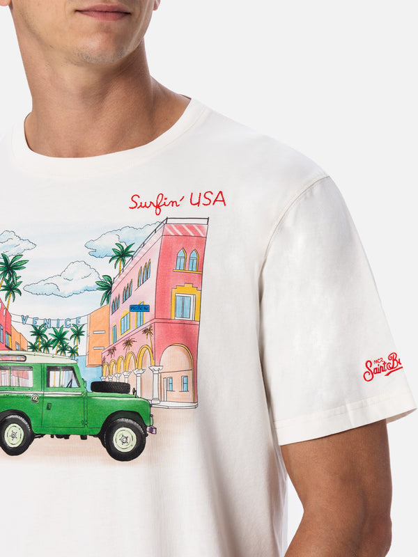 Man cotton t-shirt with placed print and Surfin'USA embroidery