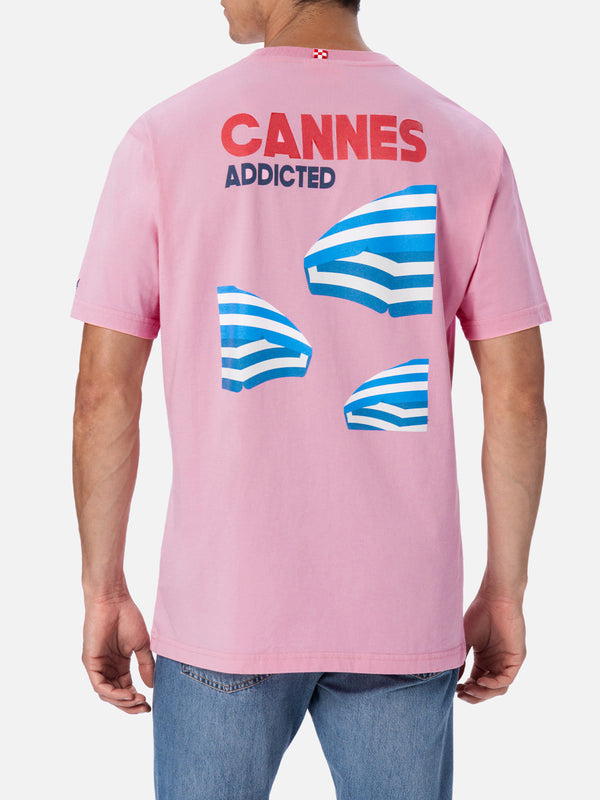 Man cotton t-shirt with Cannes Addicted postcard placed print