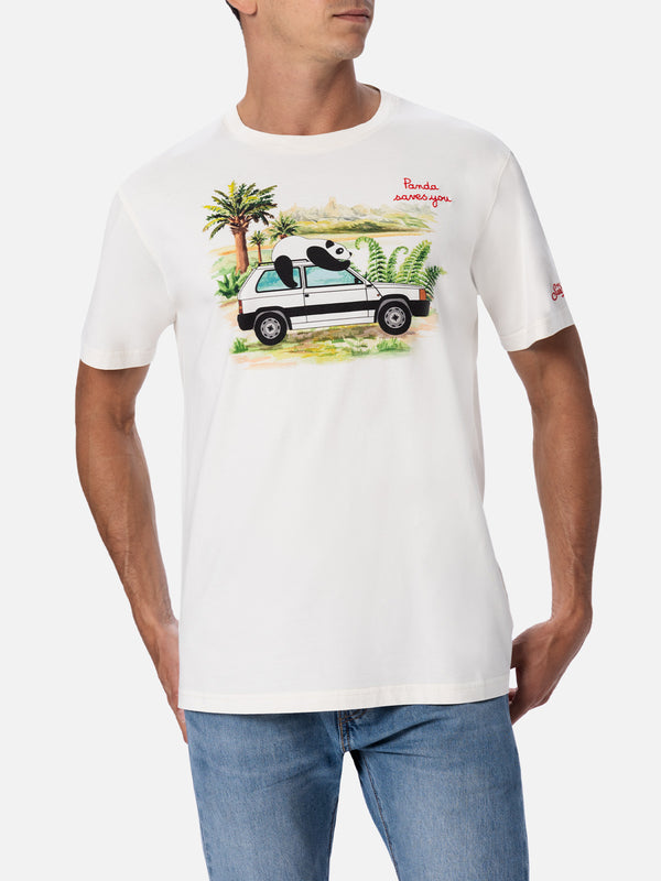 T-shirt da uomo in cotone con stampa e ricamo panda su Panda | EDIZIONE SPECIALE FIAT PANDA