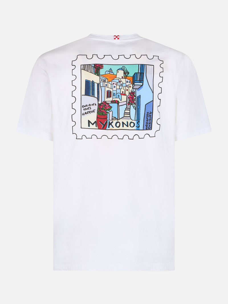 Man cotton t-shirt with Mykonos postcard front and back print | ALESSANDRO ENRIQUEZ SPECIAL EDITION