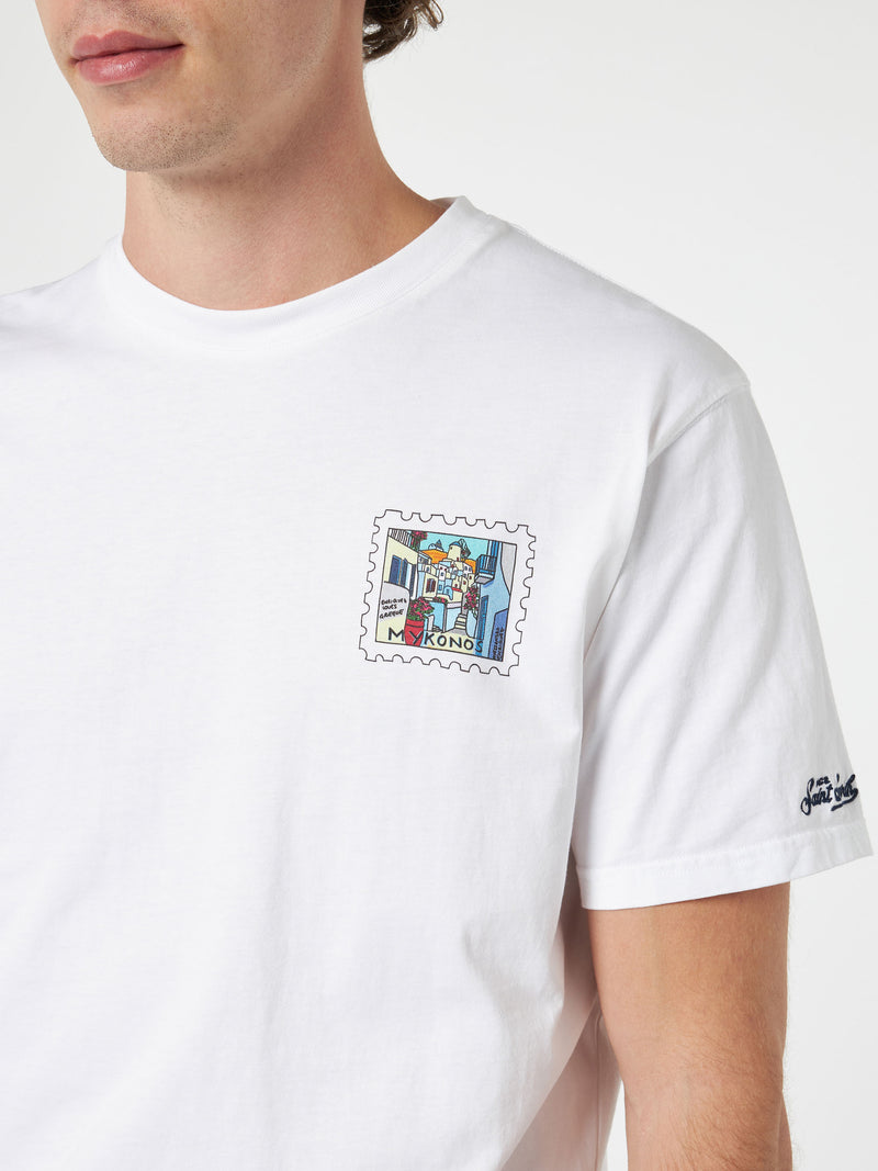 Man cotton t-shirt with Mykonos postcard front and back print | ALESSANDRO ENRIQUEZ SPECIAL EDITION