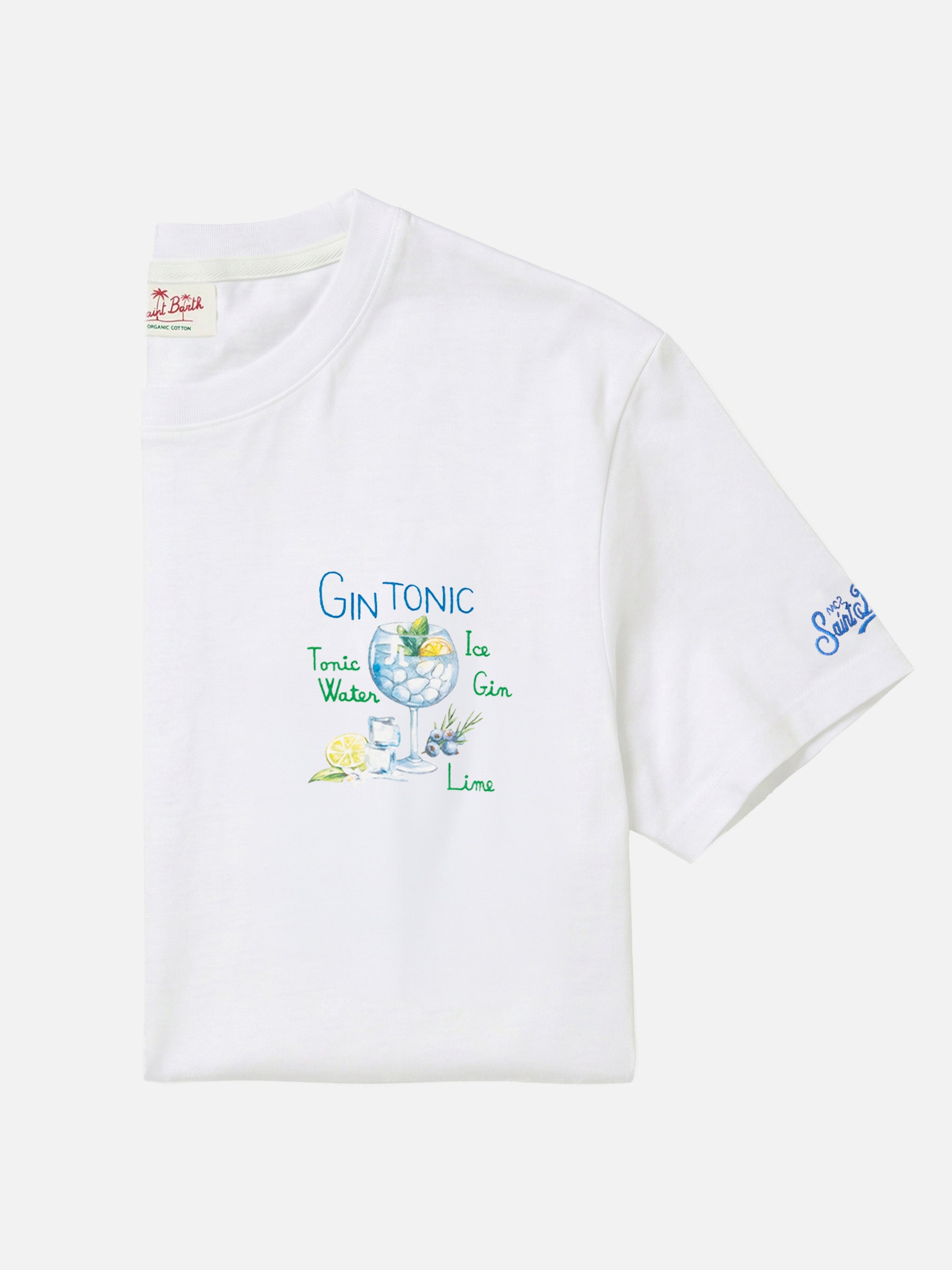 Men's Cotton White Crewneck T-Shirt | Gin Tonic Print & Embroidery