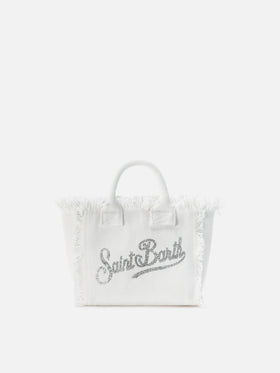 White canvas Vanity mini bag with rhinestone logo