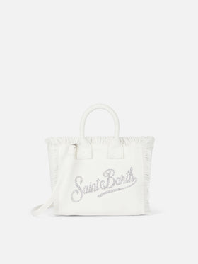 Mini borsa Vanity in canvas di cotone bianco con strass