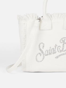 Mini borsa Vanity in canvas di cotone bianco con strass