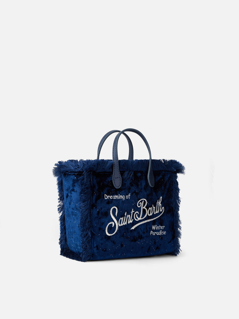 Borsa a mano Mini Vanity in velluto blu navy con pois argentati