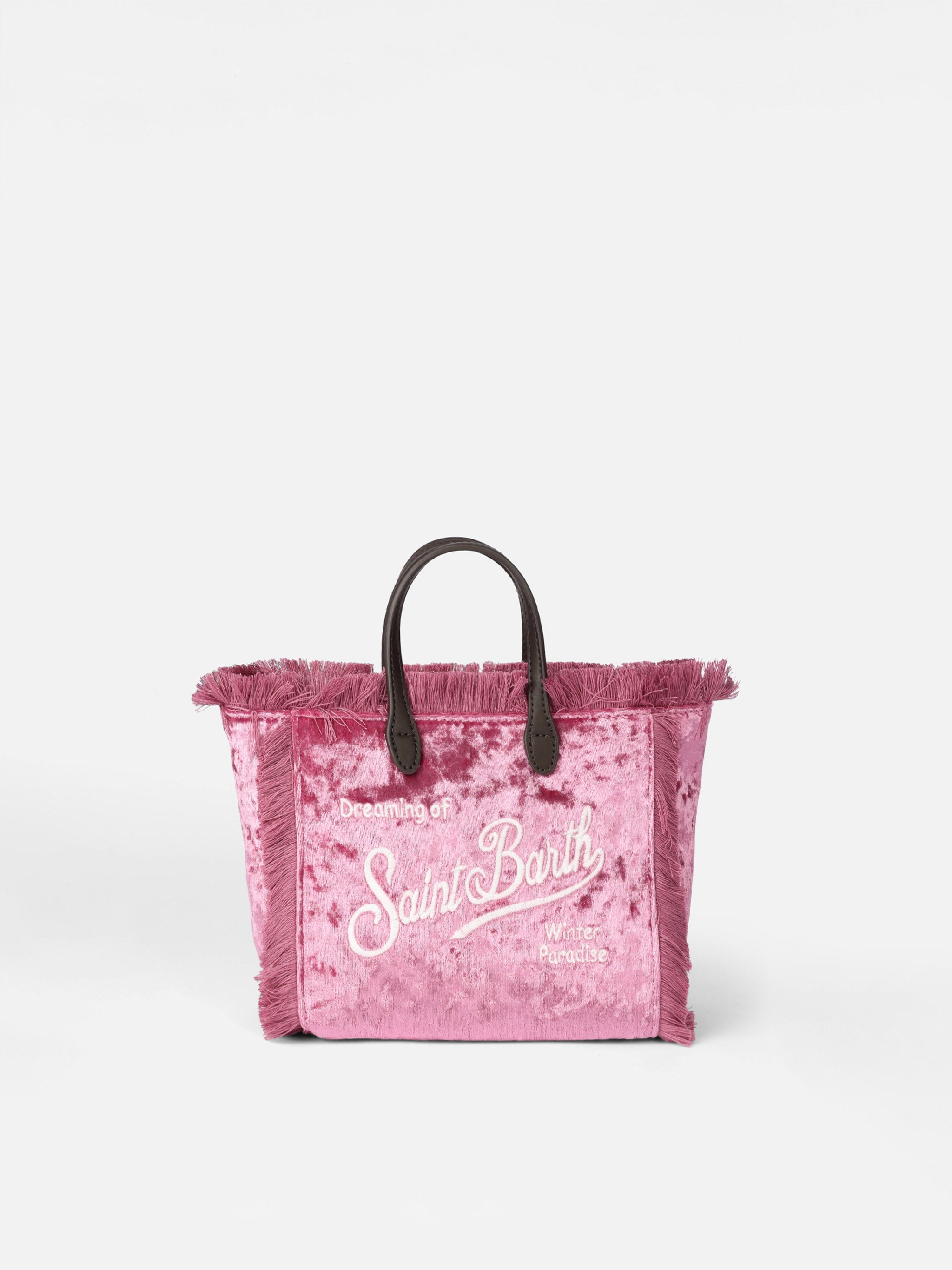 Mini Vanity Fringed Handbag in Pink Chenille Fabric with