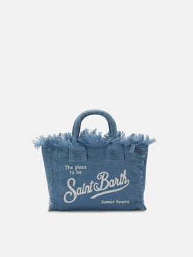 Blue solid color linen Vanity mini bag with removable strap
