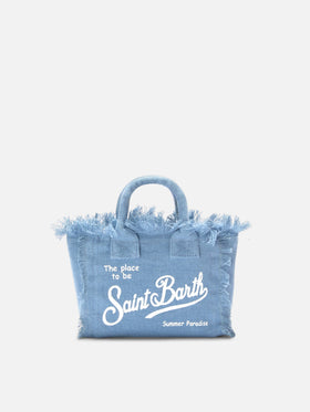 Blue solid color linen Vanity mini bag with removable strap