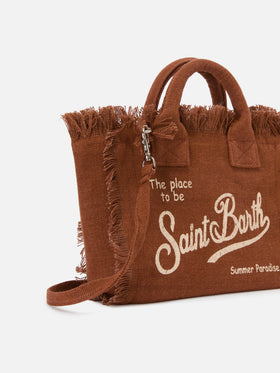 Brown solid color linen Vanity mini bag with removable strap