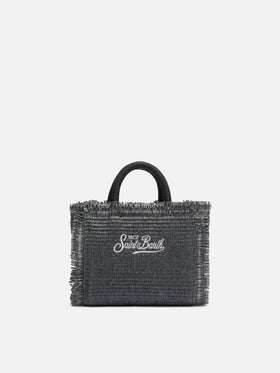 Black Mini Vanity Straw bag with rhinestone embellishment
