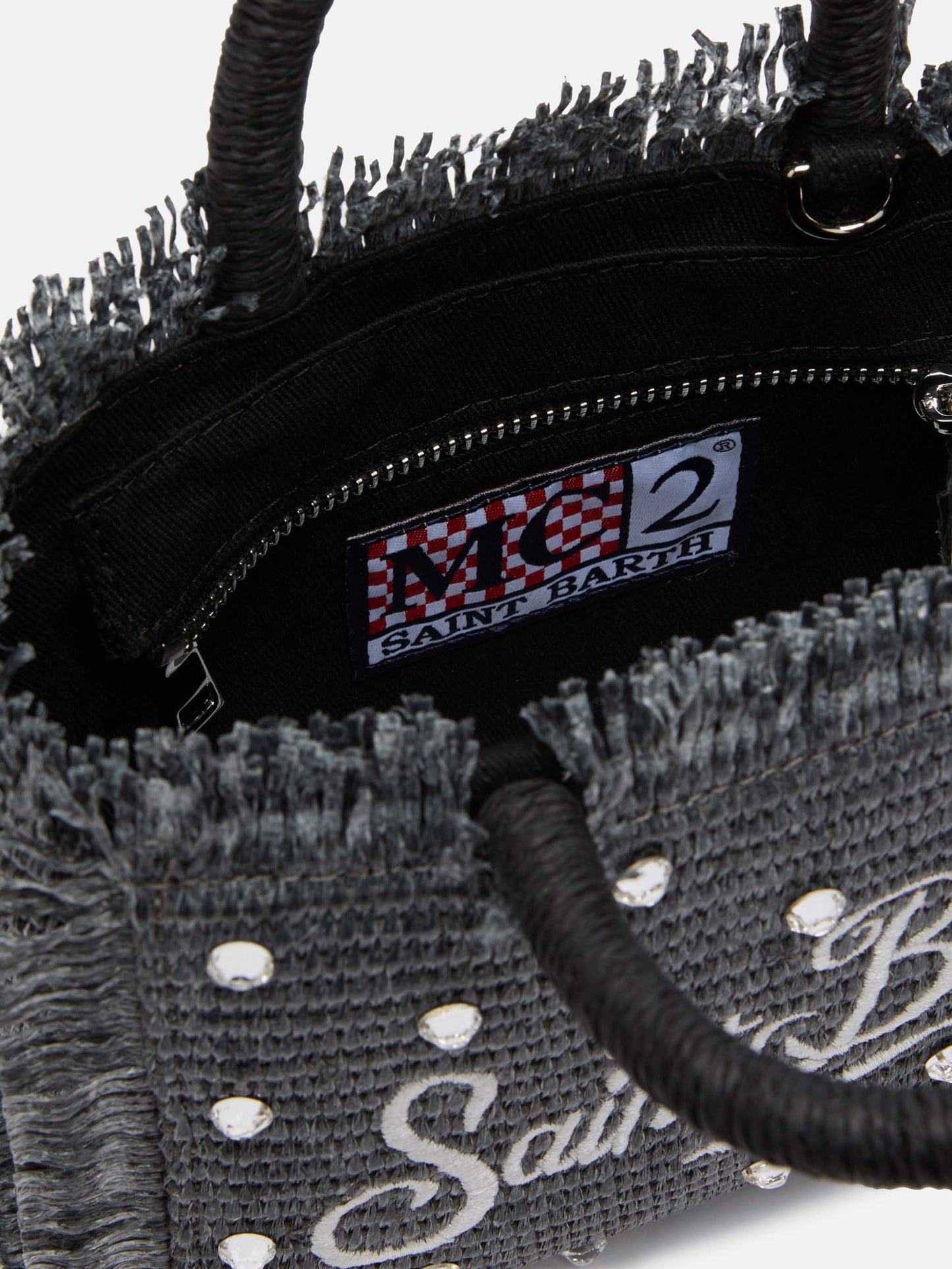 Black Mini Vanity Straw bag with rhinestone embellishment