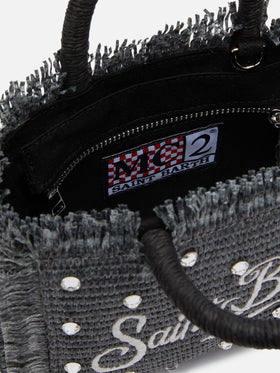 Black Mini Vanity Straw bag with rhinestone embellishment