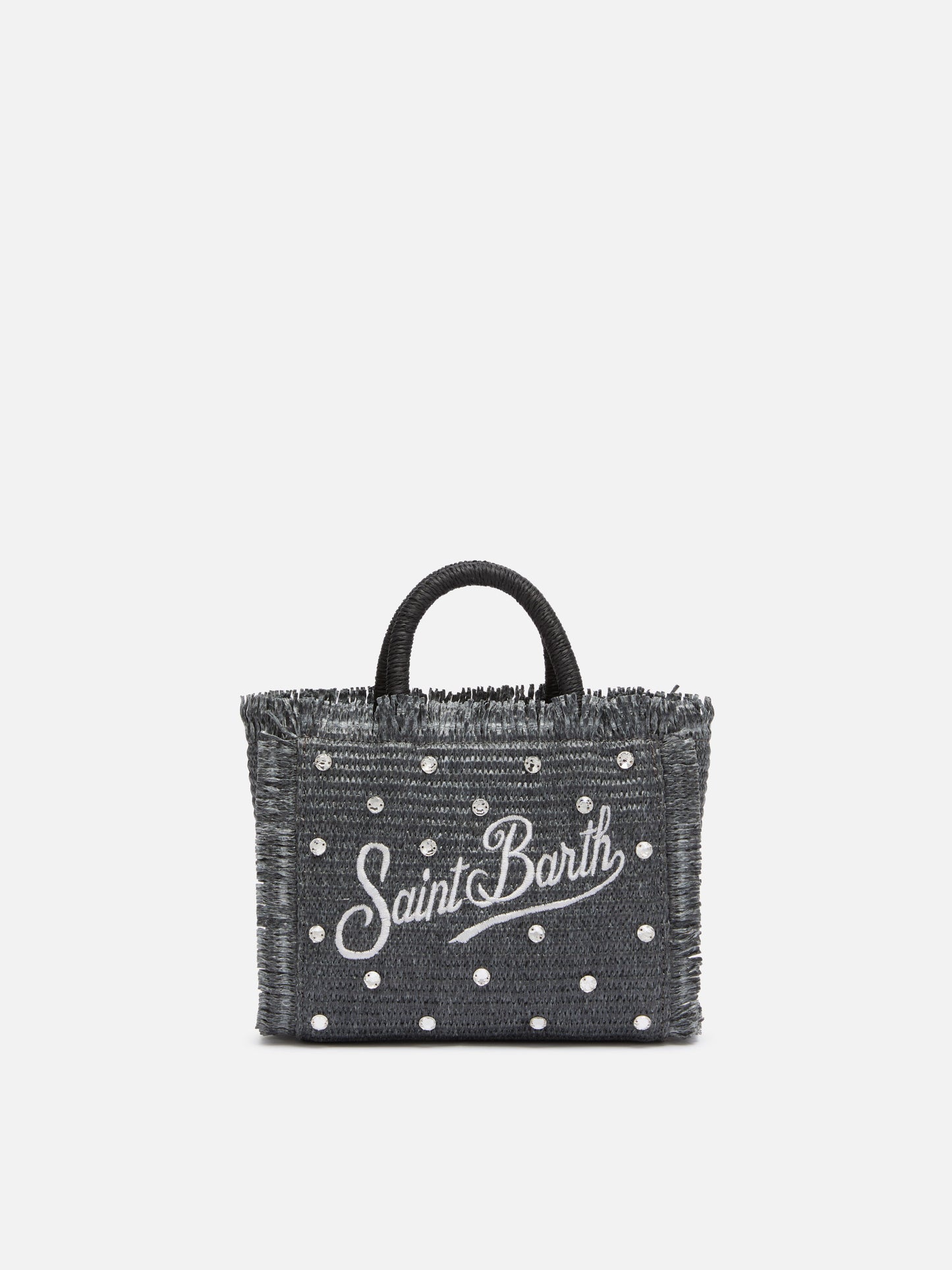 Black Mini Vanity Straw bag with rhinestone embellishment