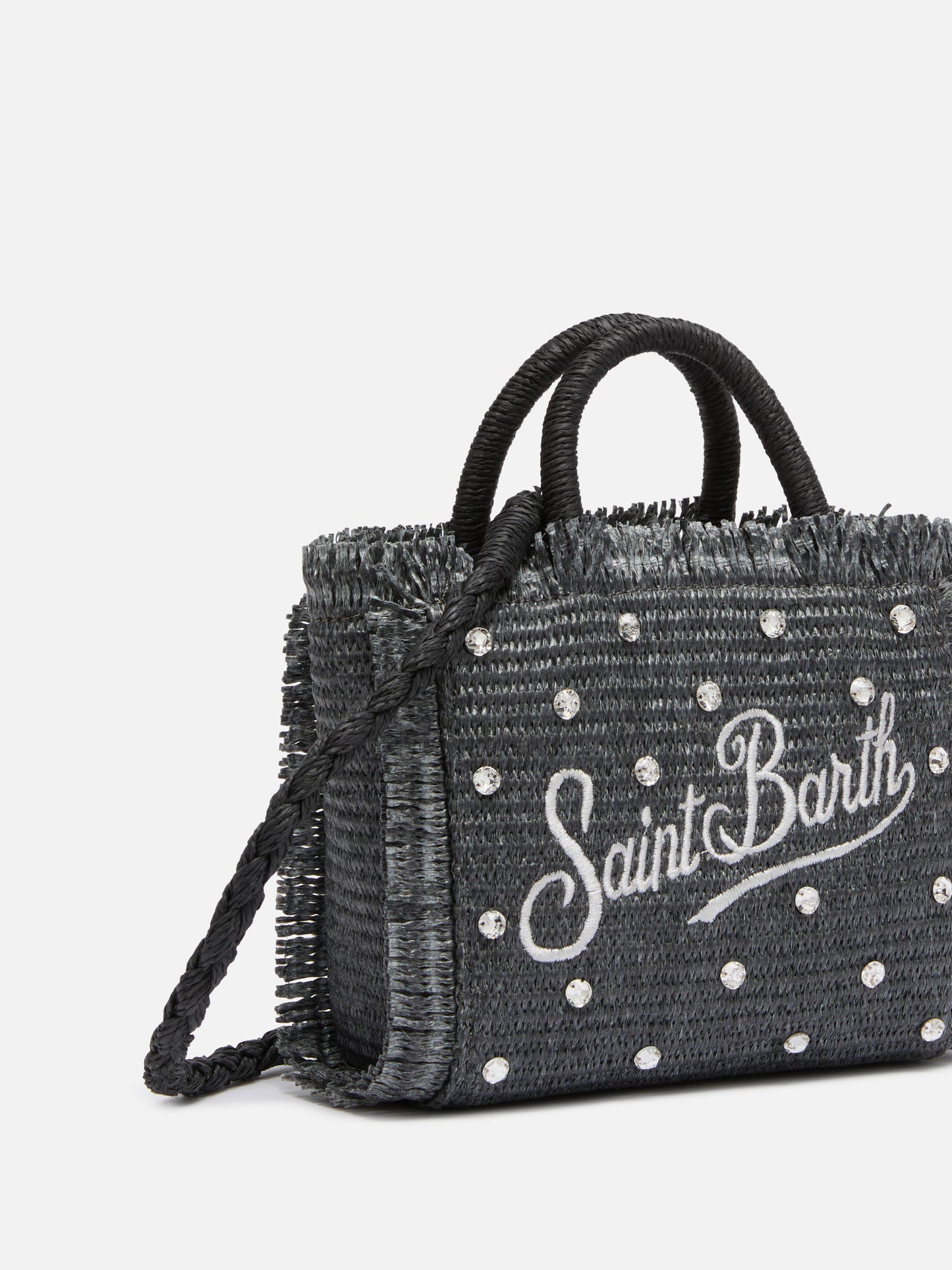Black Mini Vanity Straw bag with rhinestone embellishment
