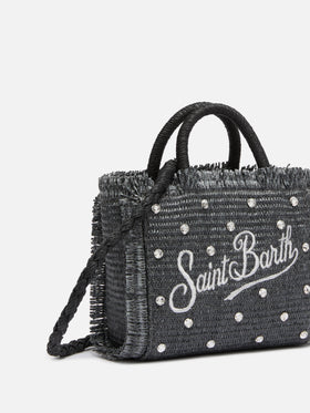 Black Mini Vanity Straw bag with rhinestone embellishment