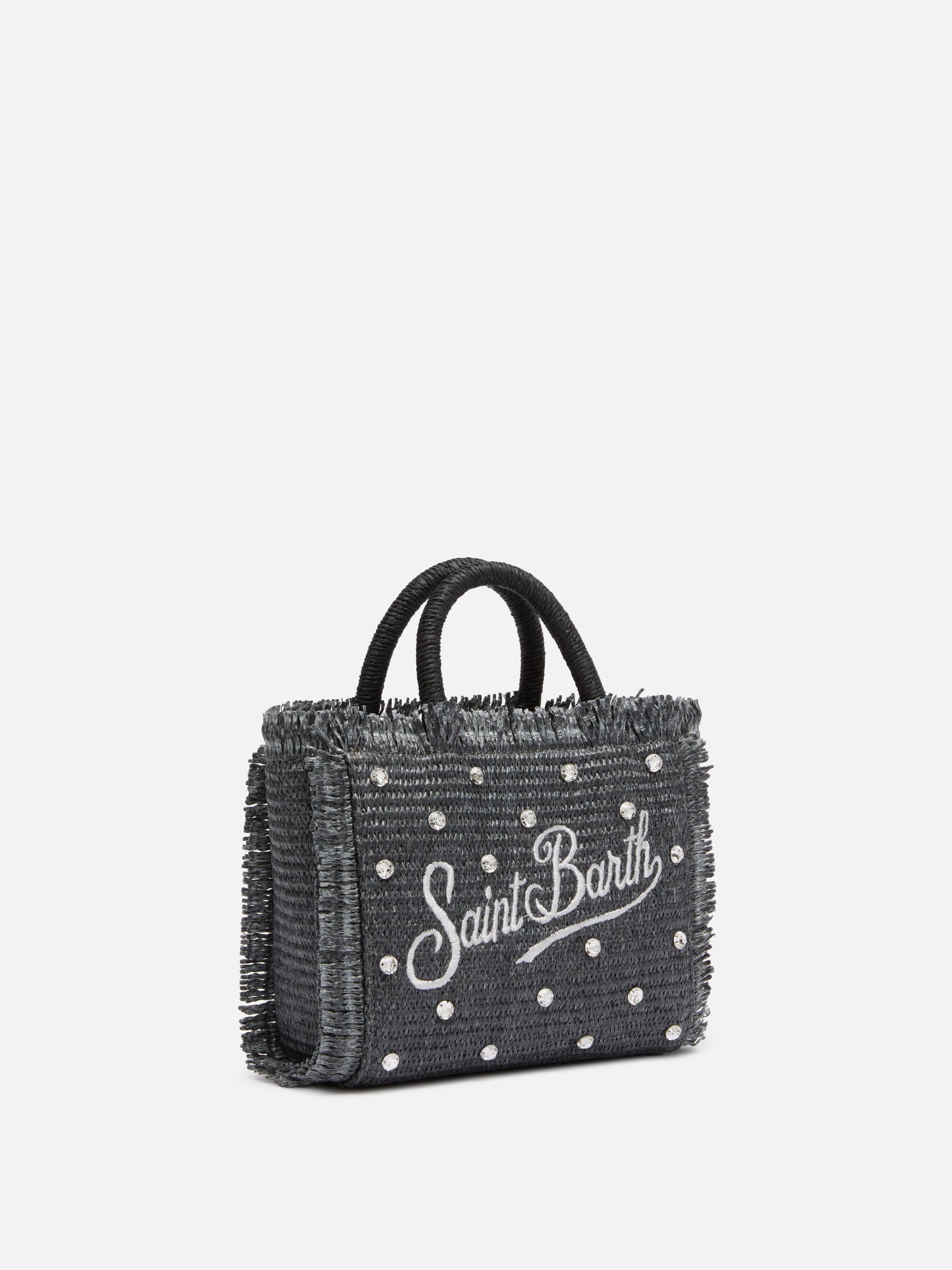 Black Mini Vanity Straw bag with rhinestone embellishment