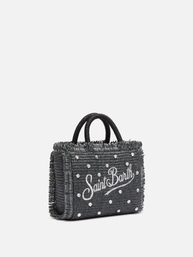 Black Mini Vanity Straw bag with rhinestone embellishment