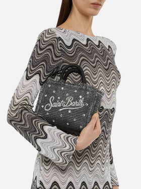 Black Mini Vanity Straw bag with rhinestone embellishment