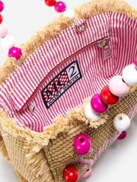 Vanity mini straw effect bag with beaded handle