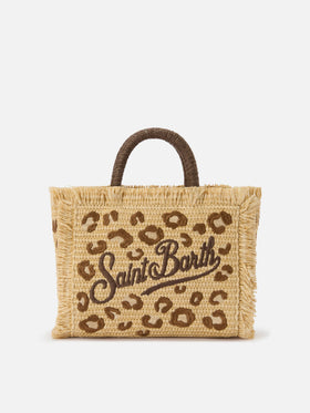 Borsa Colette in tessuto effetto paglia con ricamo leopardato