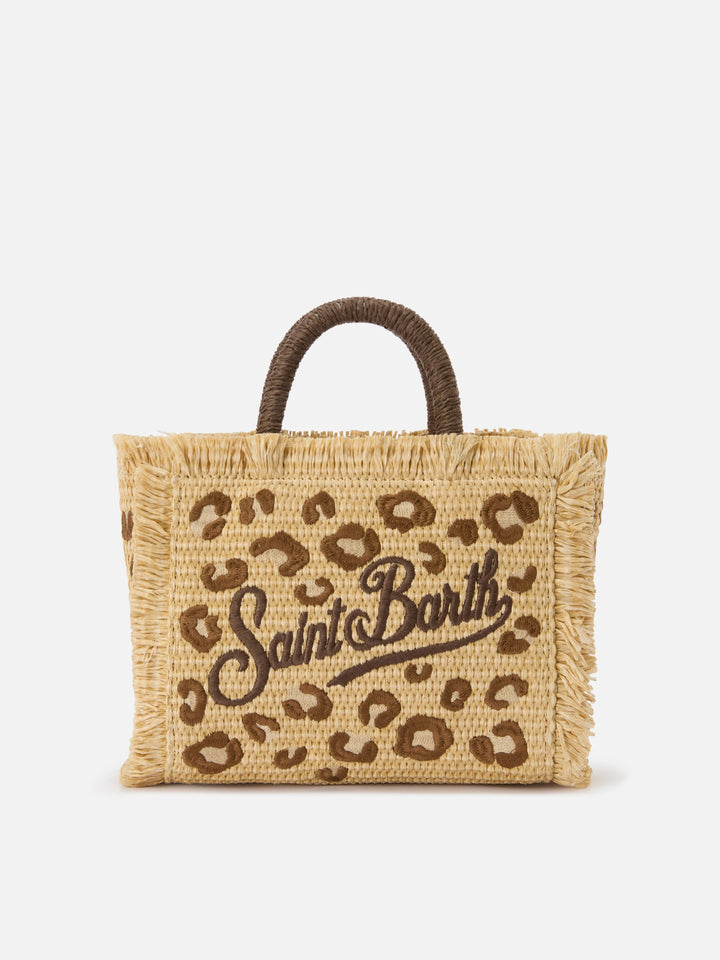 Borsa Colette in tessuto effetto paglia con ricamo leopardato