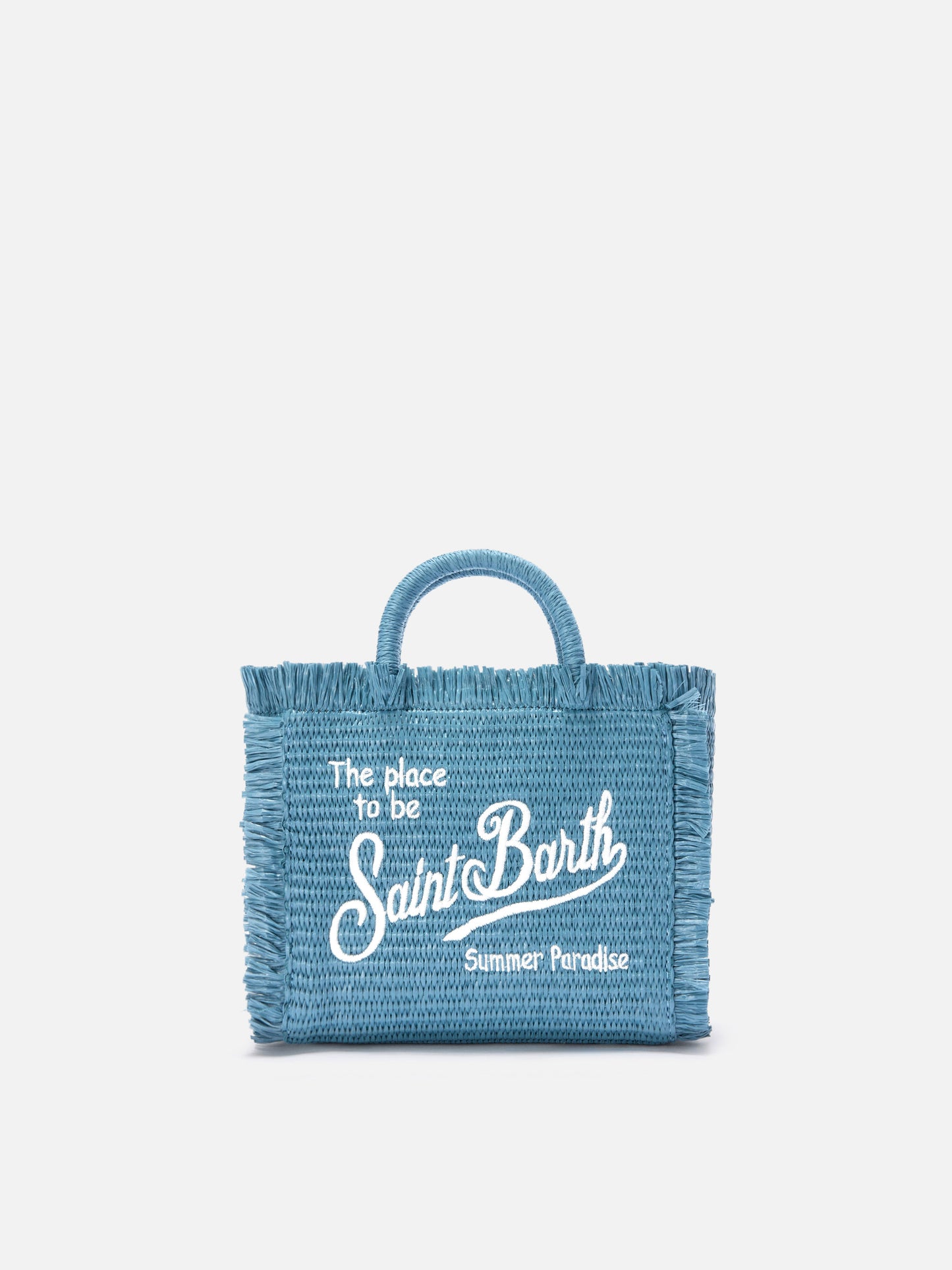Borsa Vanity mini in tessuto effetto paglia azzurra con logo ricamato