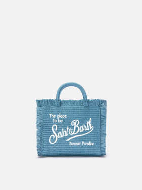 Borsa Vanity mini in tessuto effetto paglia azzurra con logo ricamato