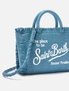 Borsa Vanity mini in tessuto effetto paglia azzurra con logo ricamato