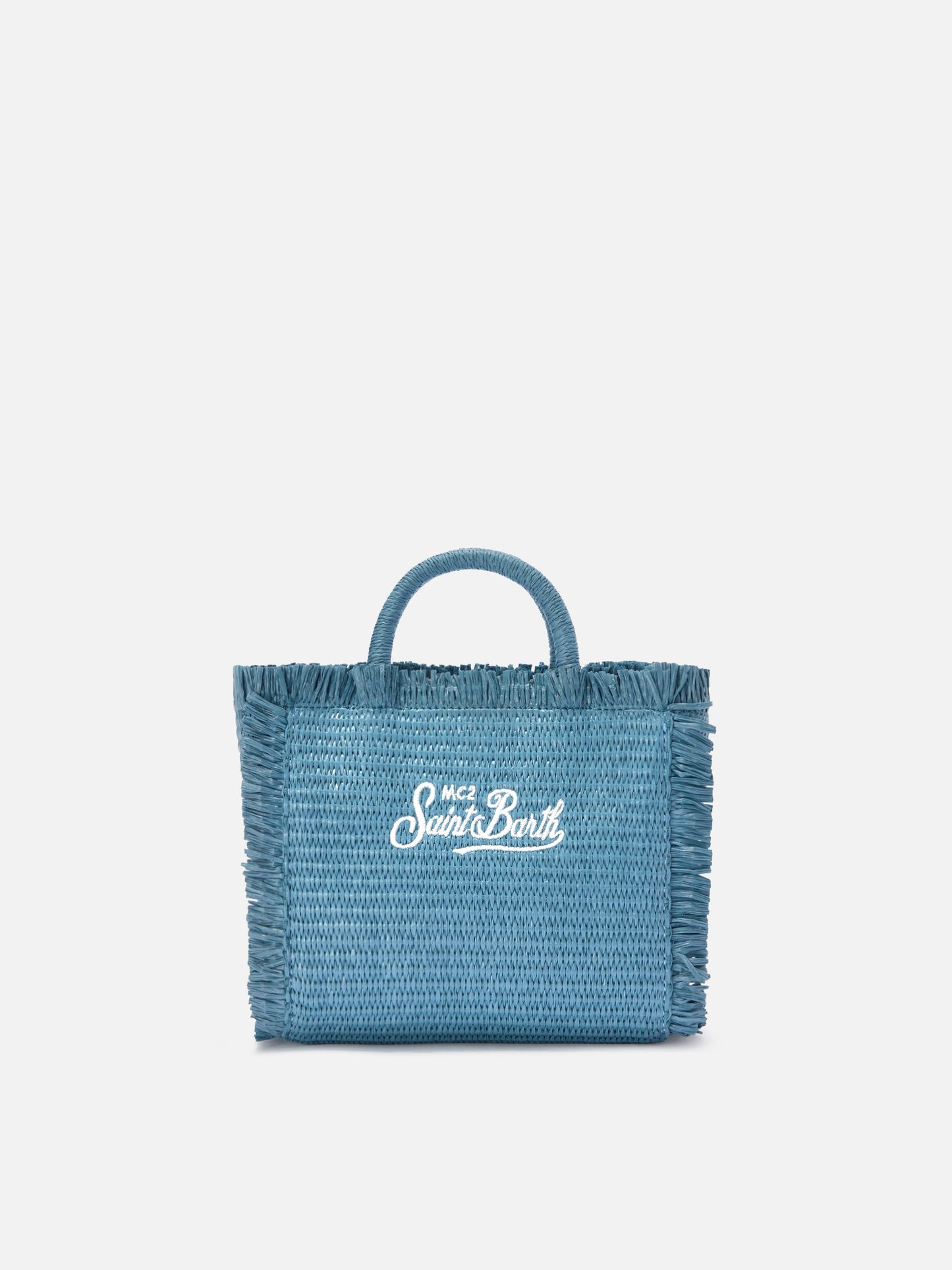 Borsa Vanity mini in tessuto effetto paglia azzurra con logo ricamato