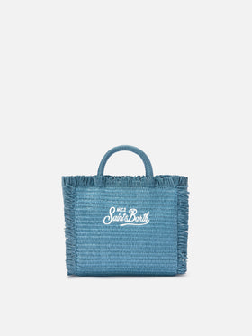 Borsa Vanity mini in tessuto effetto paglia azzurra con logo ricamato
