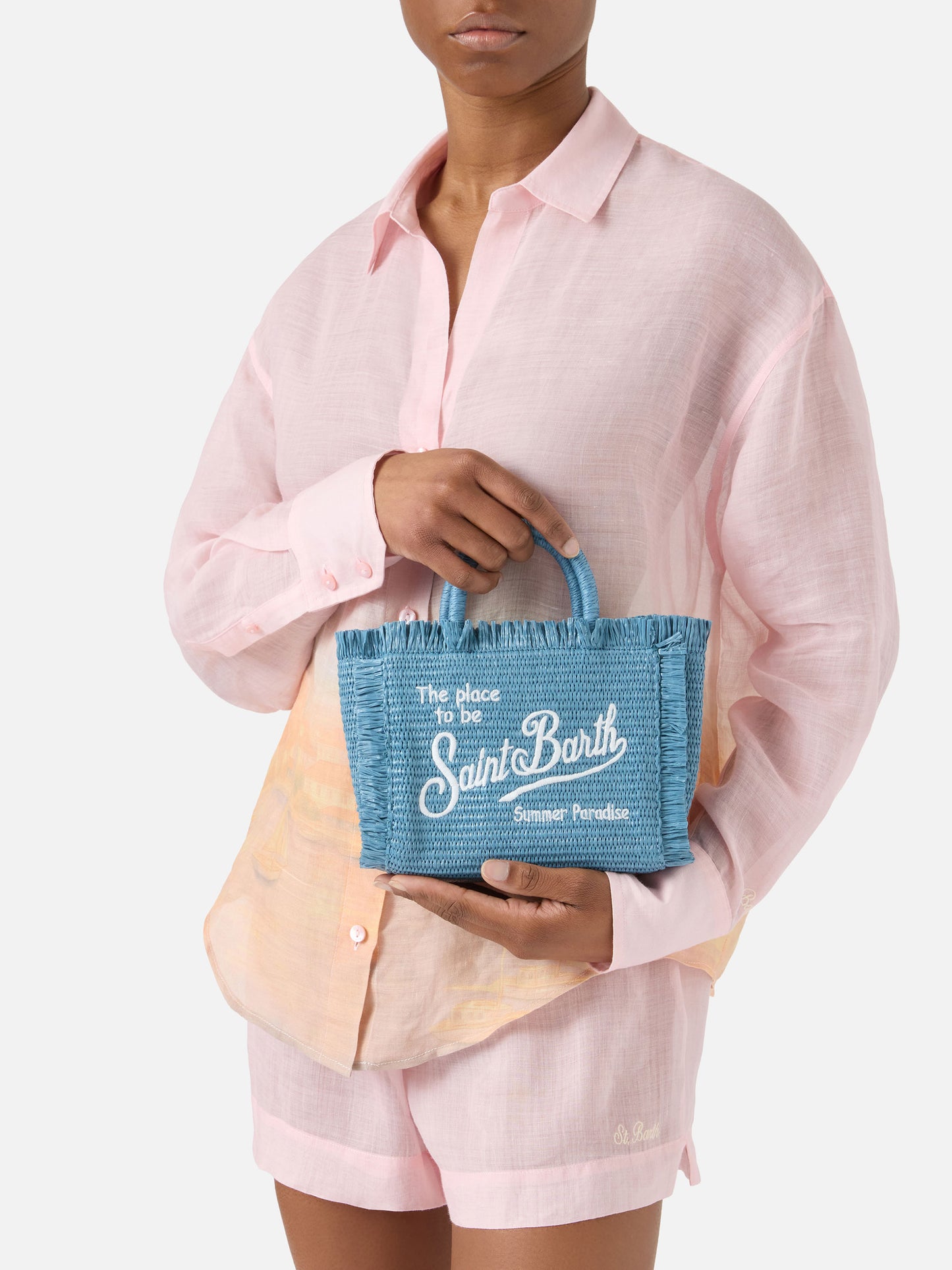 Borsa Vanity mini in tessuto effetto paglia azzurra con logo ricamato