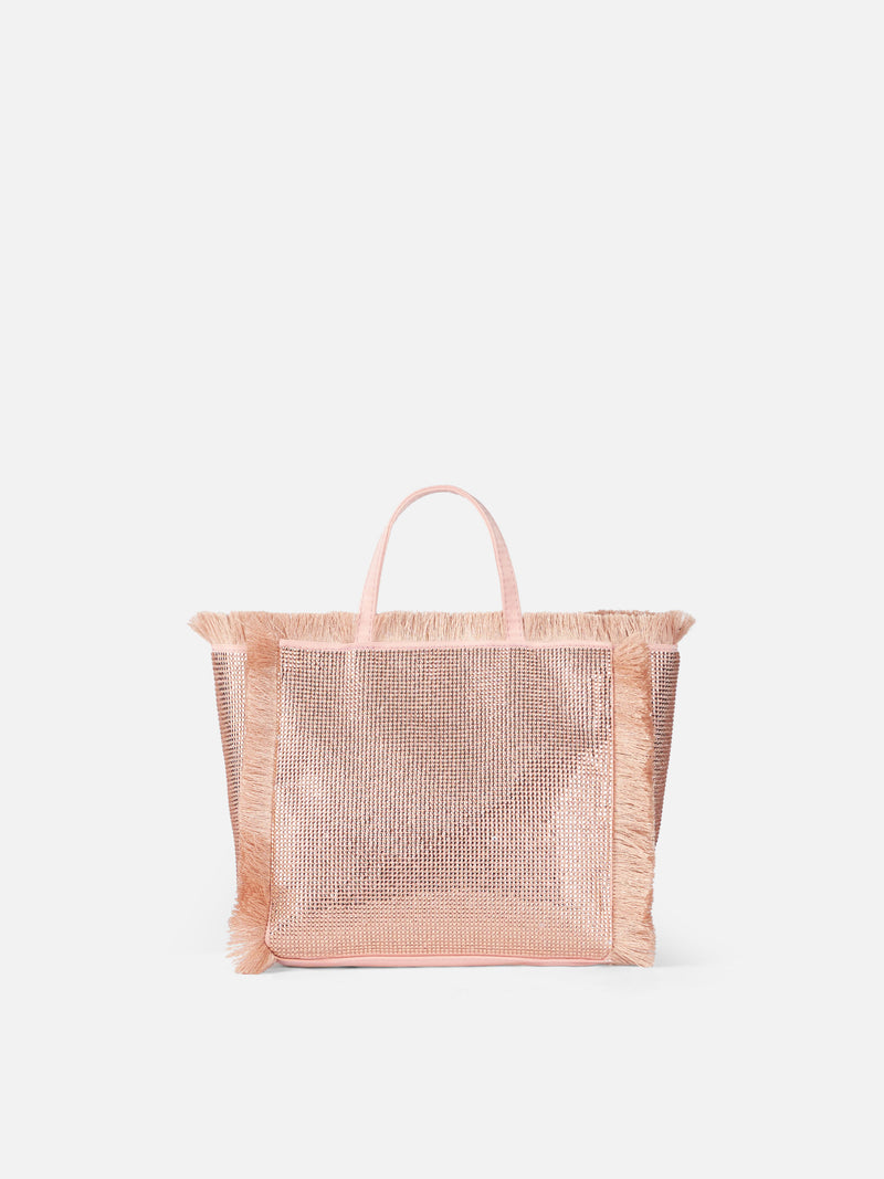 Borsa Mini Vanity con frange e strass rose gold