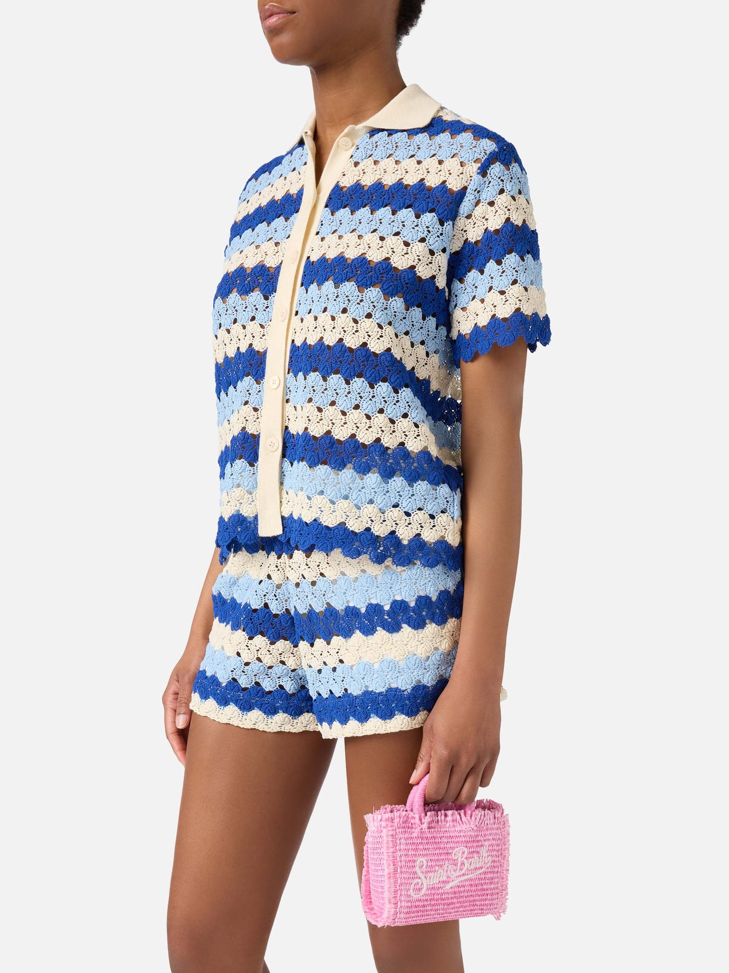 Vanity straw effect micro bag with pink details