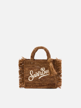 Mini sac vanity Brown en raphia avec franges latérales 