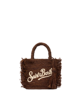 Mini Vanity Tasche aus Raffiabast mit Fransen und Saint Barth-Stickerei