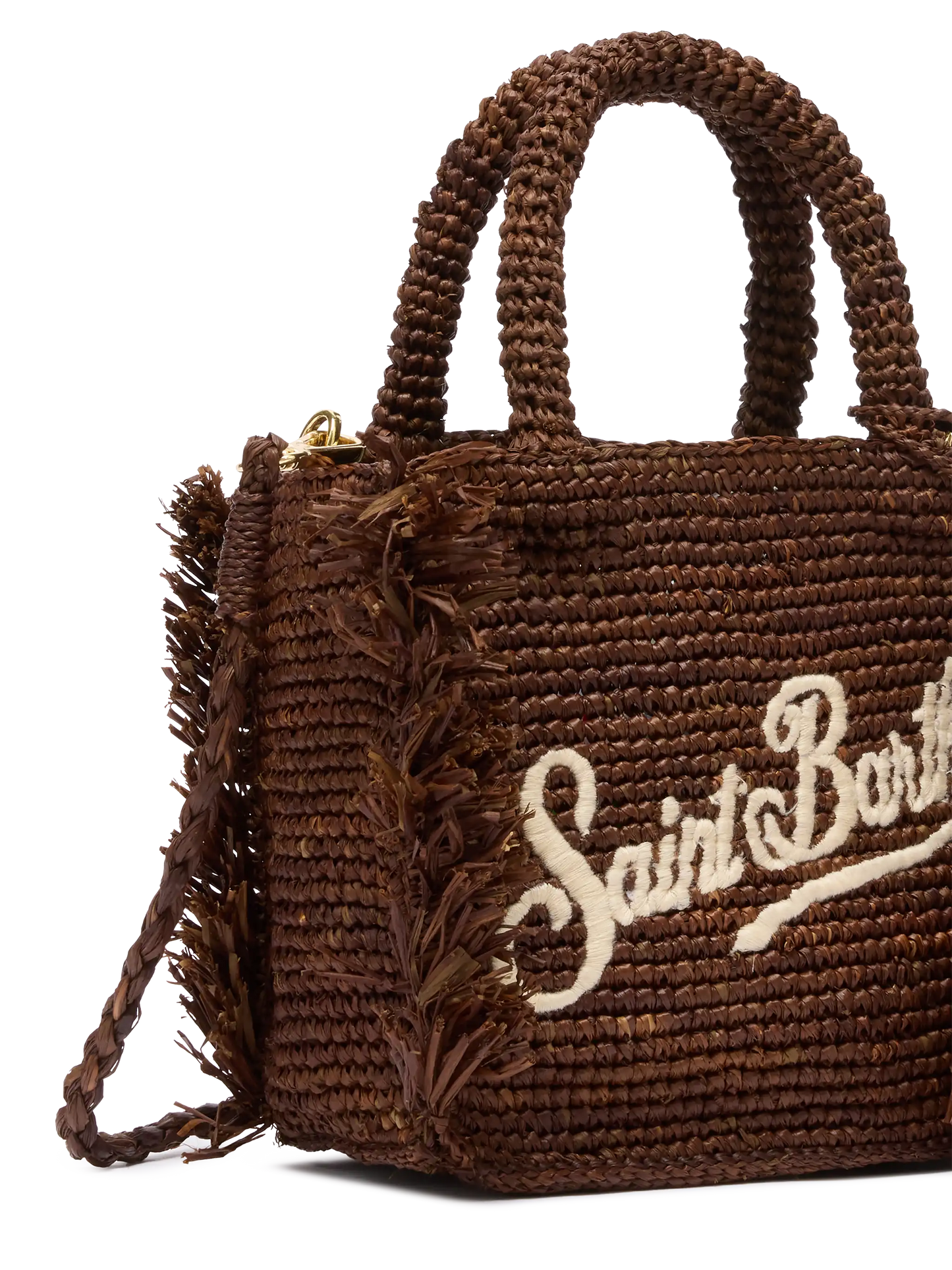 Mini Vanity Tasche aus Raffiabast mit Fransen und Saint Barth-Stickerei