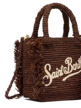 Mini Vanity Tasche aus Raffiabast mit Fransen und Saint Barth-Stickerei