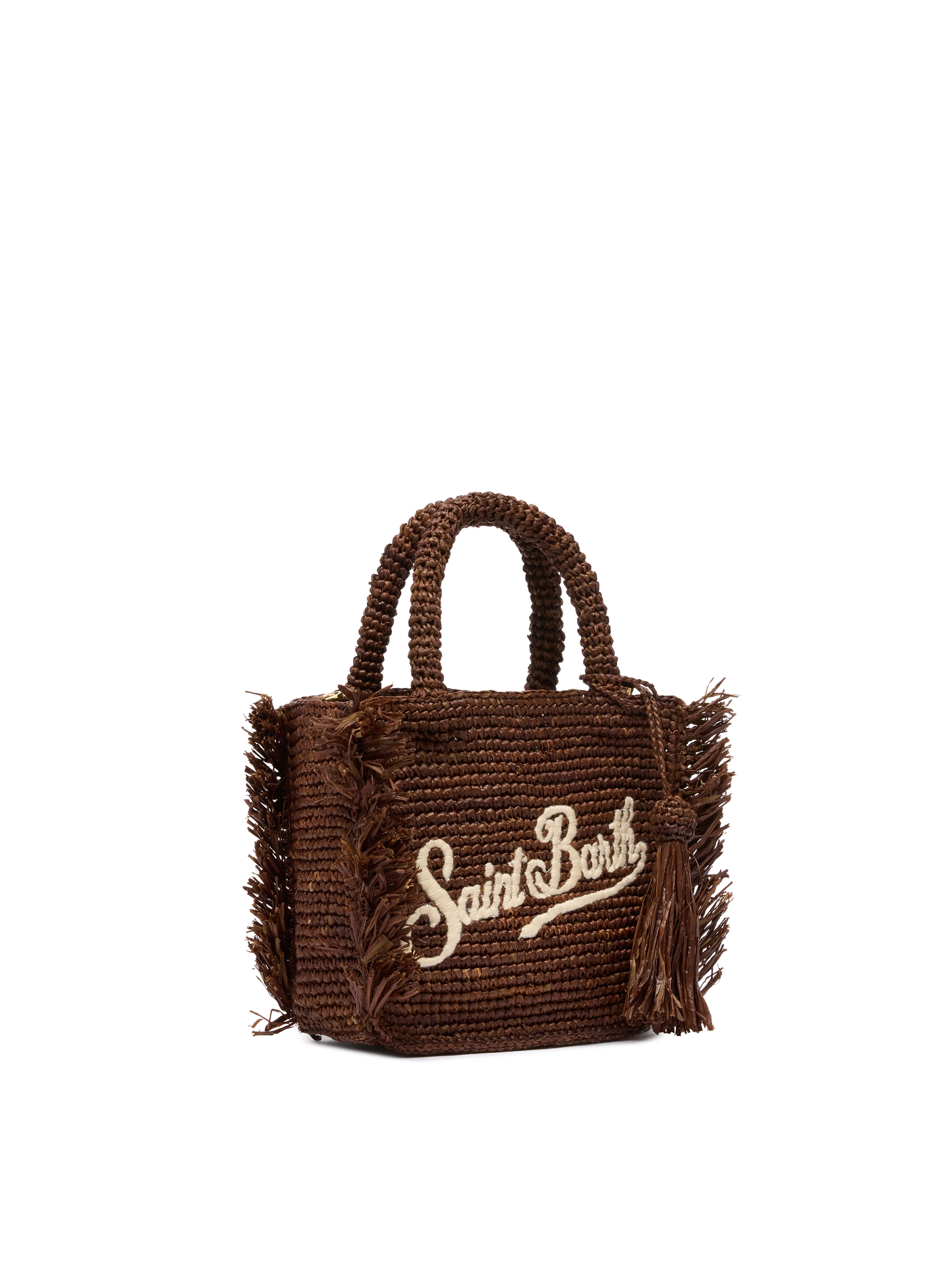 Mini Vanity Tasche aus Raffiabast mit Fransen und Saint Barth-Stickerei
