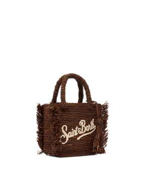 Mini Vanity Tasche aus Raffiabast mit Fransen und Saint Barth-Stickerei