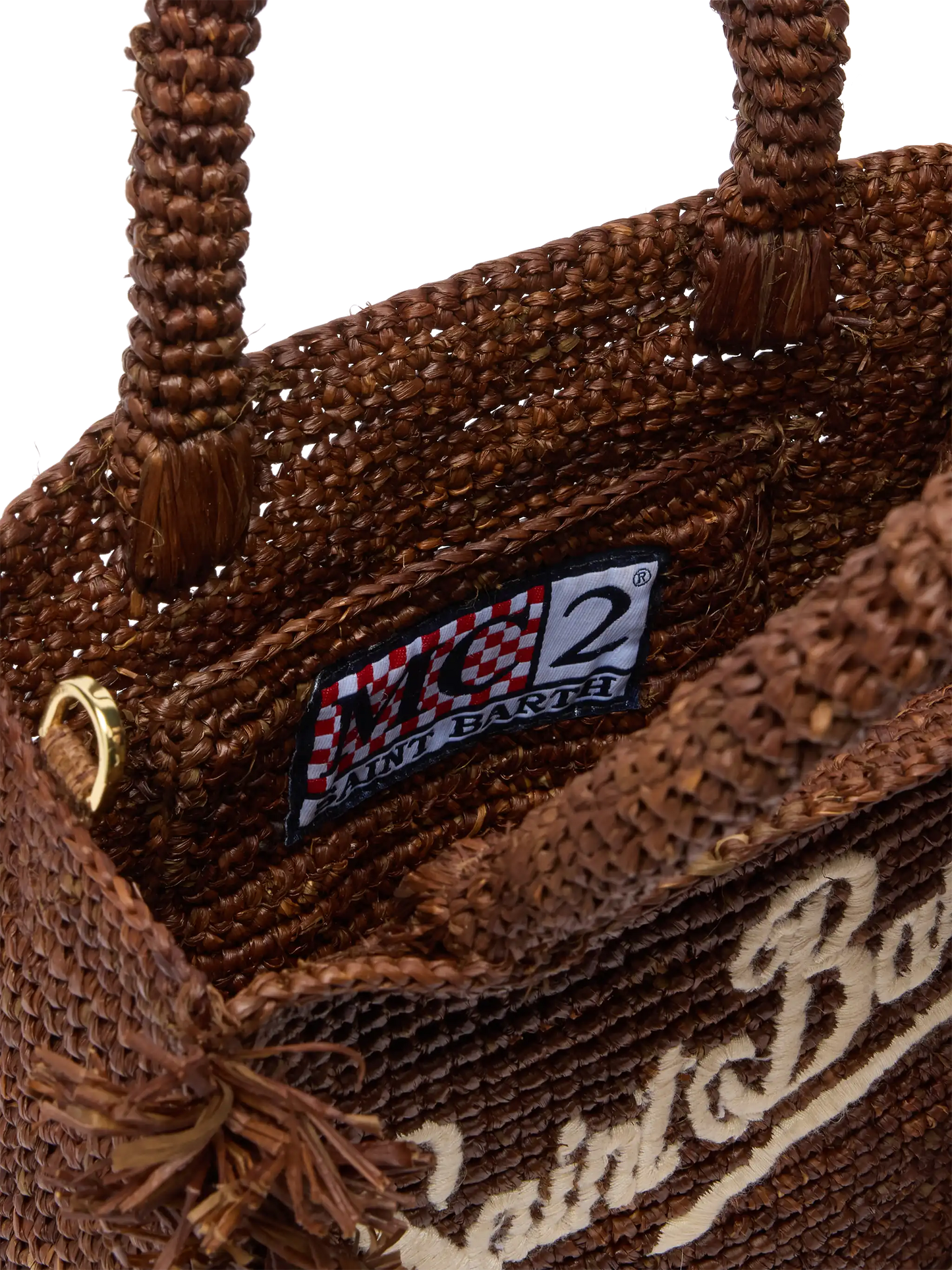 Mini Vanity Tasche aus Raffiabast mit Fransen und Saint Barth-Stickerei