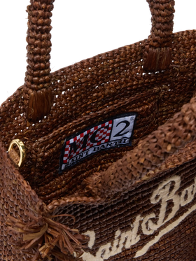 Mini Vanity Tasche aus Raffiabast mit Fransen und Saint Barth-Stickerei