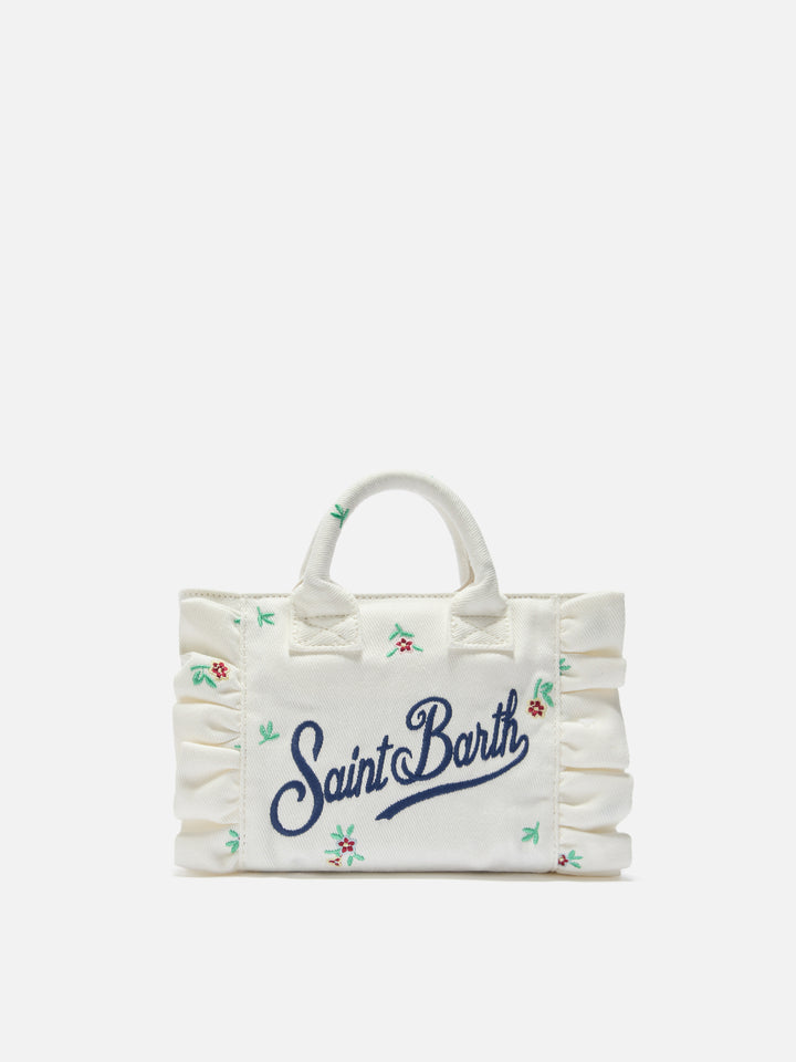 Borsa Vanity mini volant in denim bianca con fiori ricamati