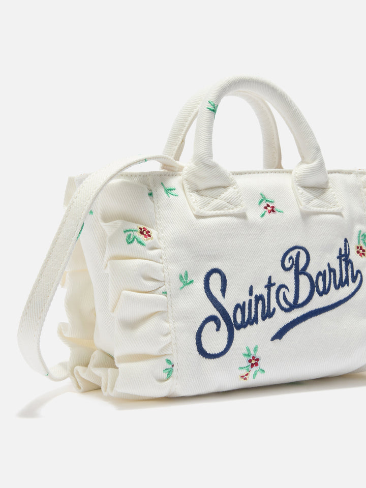 Borsa Vanity mini volant in denim bianca con fiori ricamati