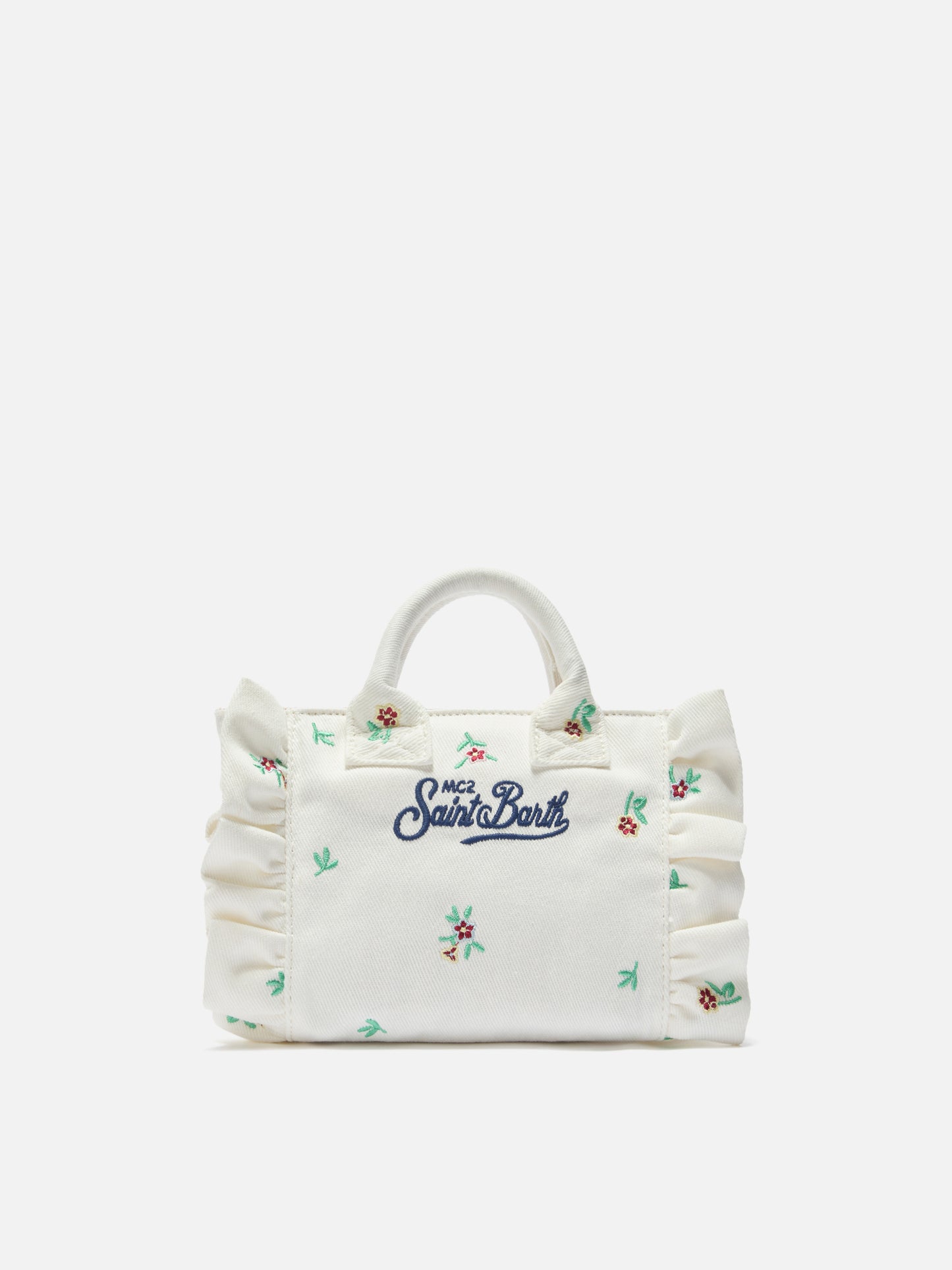 Borsa Vanity mini volant in denim bianca con fiori ricamati