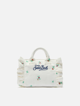 Borsa Vanity mini volant in denim bianca con fiori ricamati