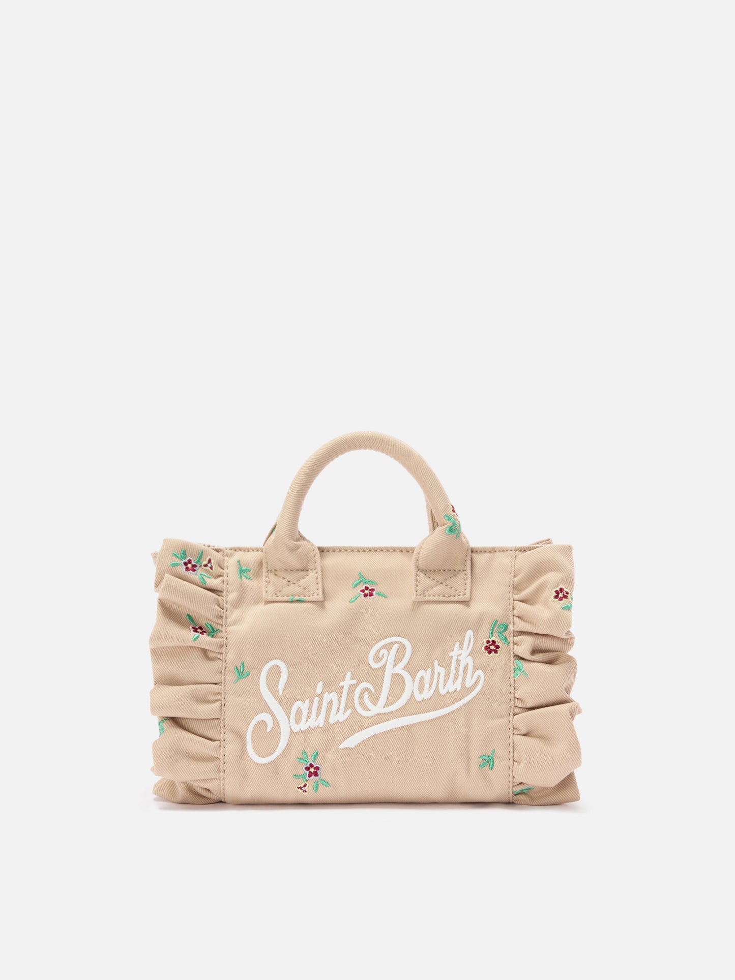 Borsa Vanity mini volant in denim beige con fiori ricamati