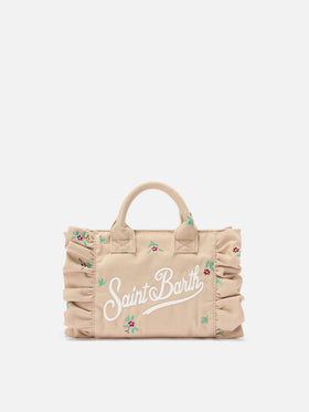 Borsa Vanity mini volant in denim beige con fiori ricamati