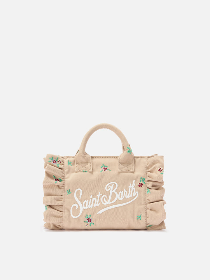Borsa Vanity mini volant in denim beige con fiori ricamati