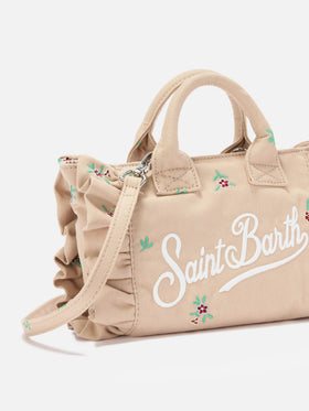 Borsa Vanity mini volant in denim beige con fiori ricamati